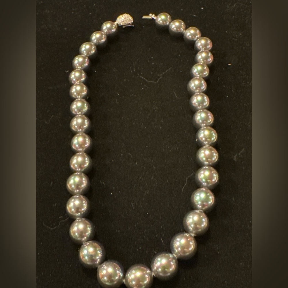 Graduated Gray Faux Pearl Necklace Sterling 925 CZ Clasp 16” Tahitian Style
